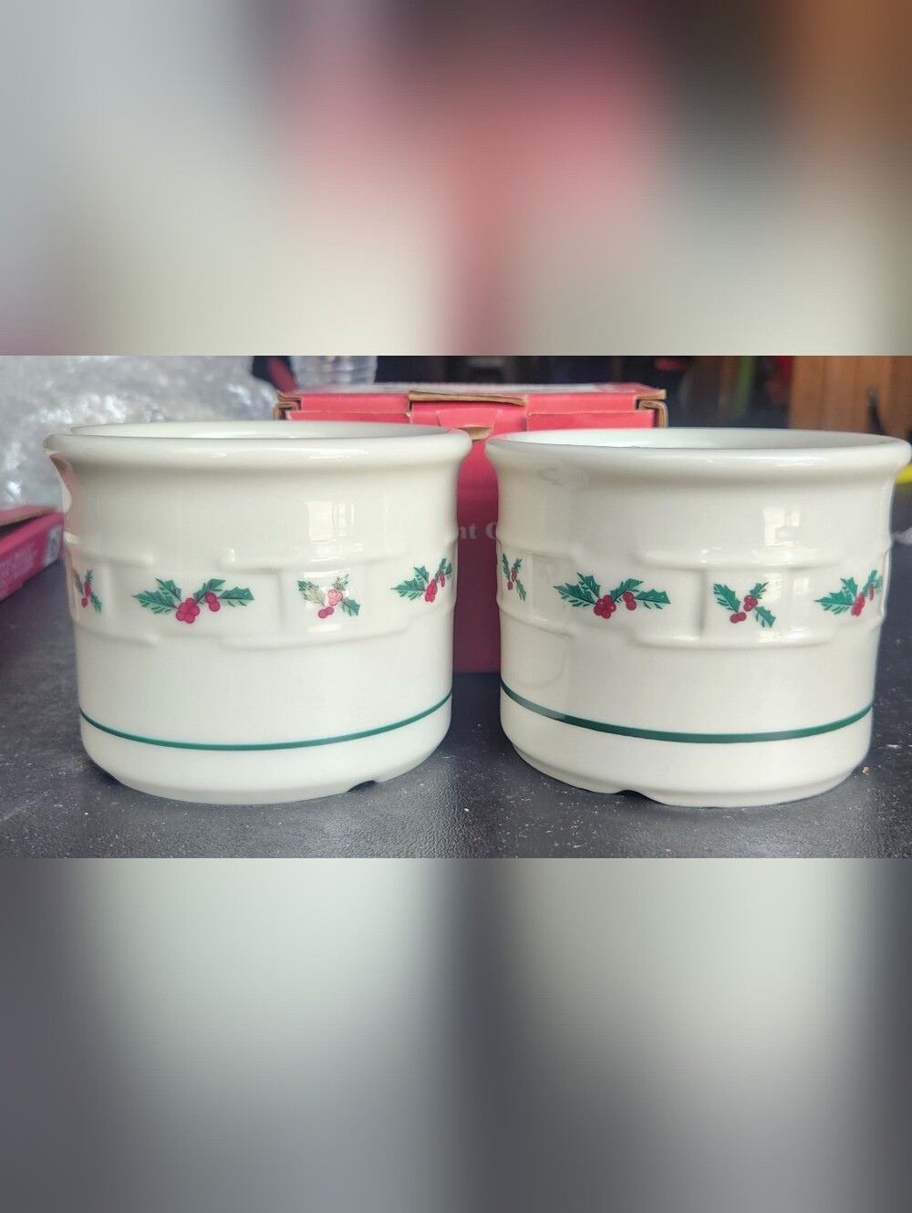 2 Longaberger Pottery One Pint Crock Woven Christmas Traditional Holly & Berries